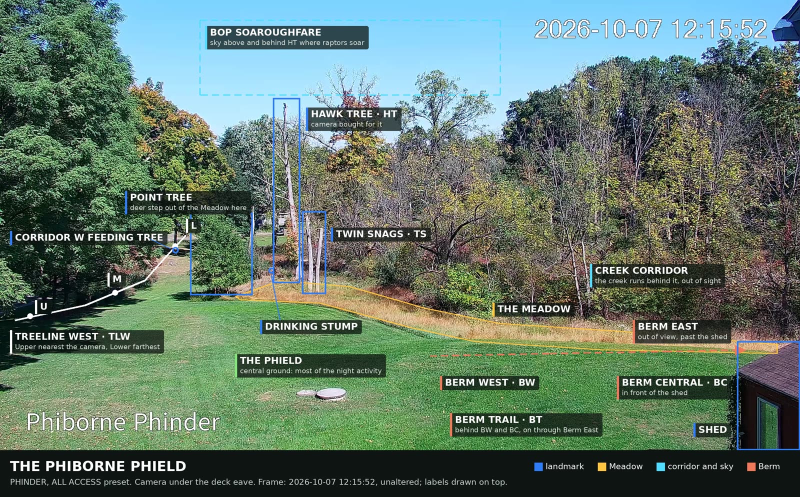 The PHINDER's wide ALL ACCESS view of the PHIELD with every landmark labeled: Hawk Tree, Twin Snags, Point Tree, Drinking Stump, the Corridor W feeding tree, Treeline West, the Meadow, Creek Corridor, Berm West, Berm Central, the Berm Trail and the shed